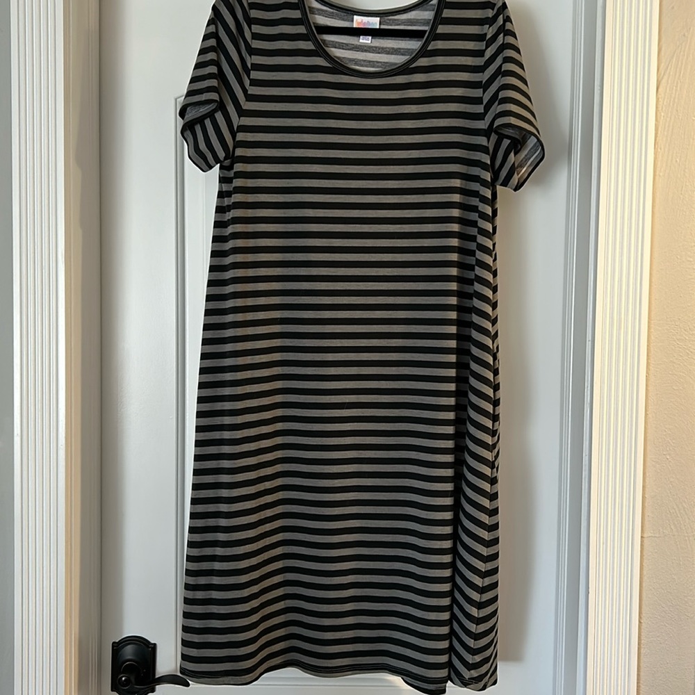LuLaRoe large Emily dress. Black and gray stripes